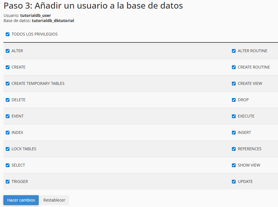 Privilegios usuarios base de datos blumhost